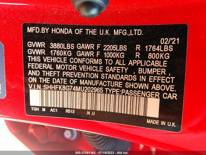 2021 HONDA CIVIC TYPE R TOURING - SHHFK8G74MU202965