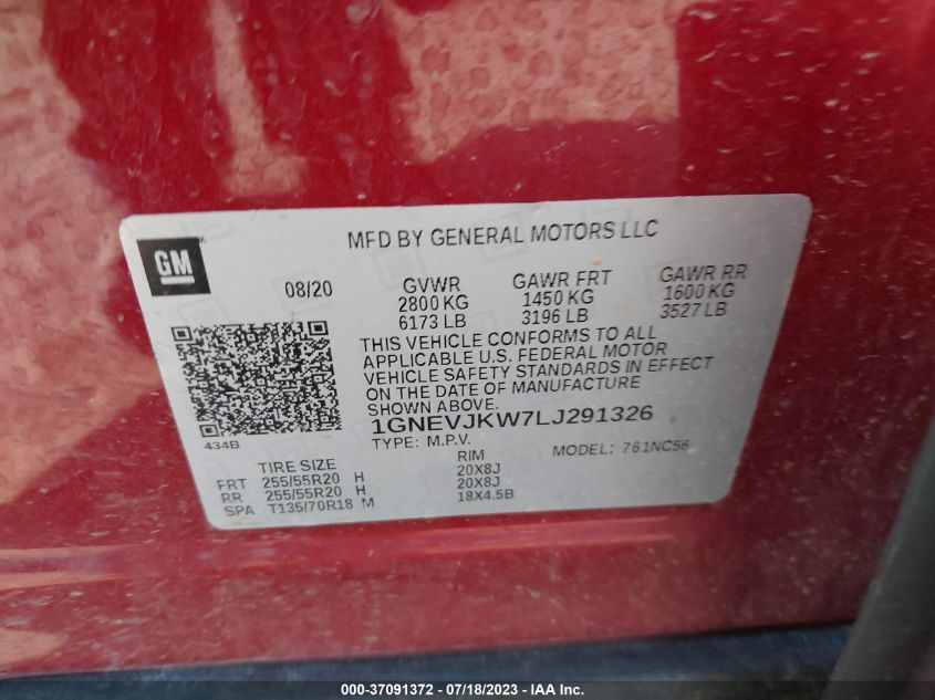 2020 CHEVROLET TRAVERSE RS - 1GNEVJKW7LJ291326