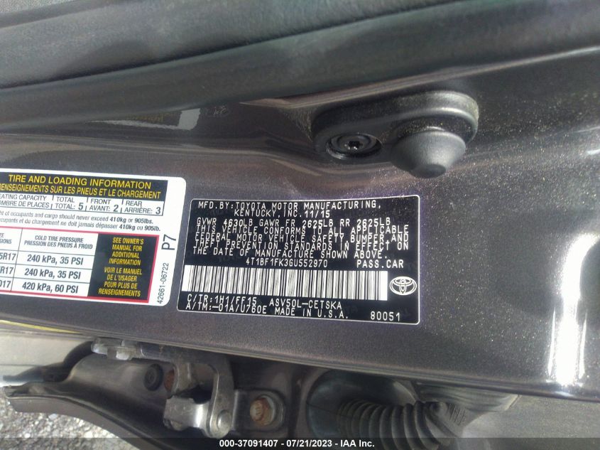 2016 TOYOTA CAMRY XLE/SE/LE/XSE - 4T1BF1FK3GU552970
