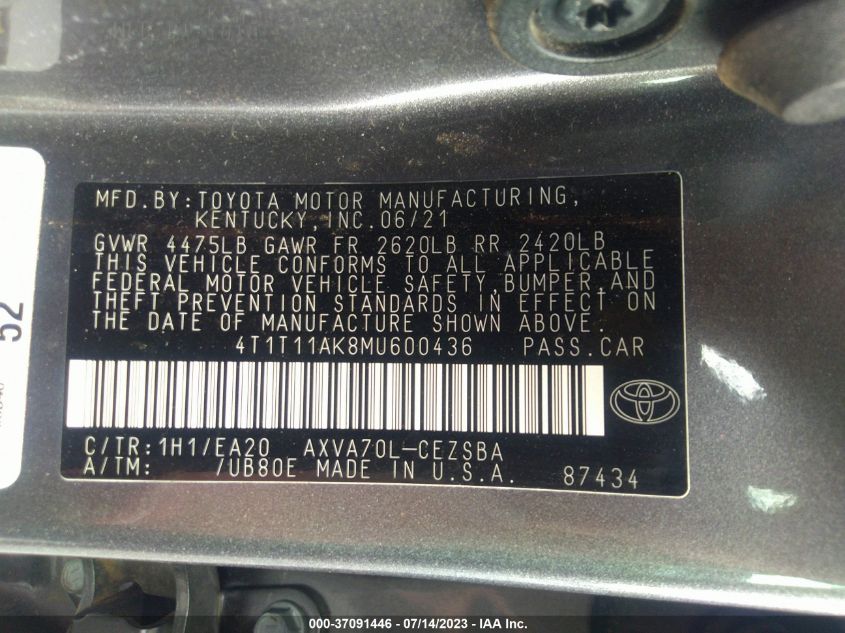 2021 TOYOTA CAMRY SE - 4T1T11AK8MU600436
