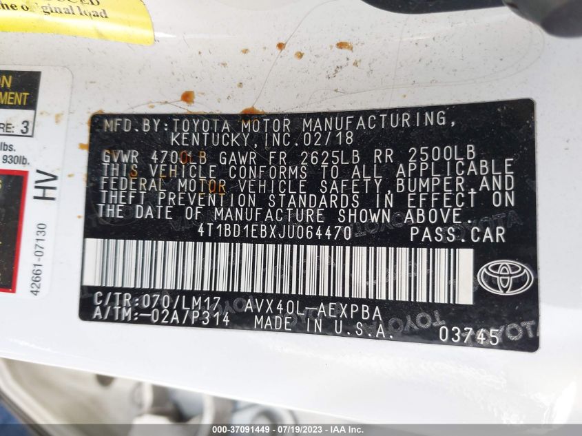 2018 TOYOTA AVALON HYBRID - 4T1BD1EBXJU064470