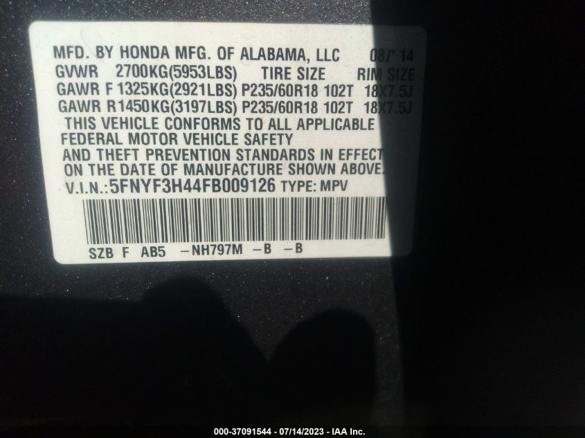 2015 HONDA PILOT EX - 5FNYF3H44FB009126