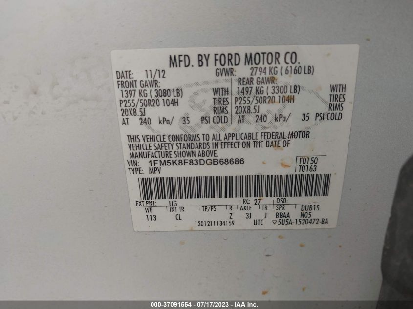 2013 FORD EXPLORER LIMITED - 1FM5K8F83DGB68686