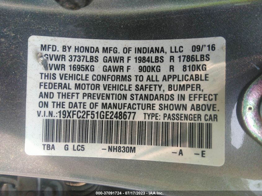 2016 HONDA CIVIC SEDAN LX - 19XFC2F51GE248677