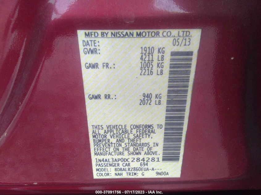 2013 NISSAN ALTIMA 2.5/S/SV/SL - 1N4AL3AP0DC284281