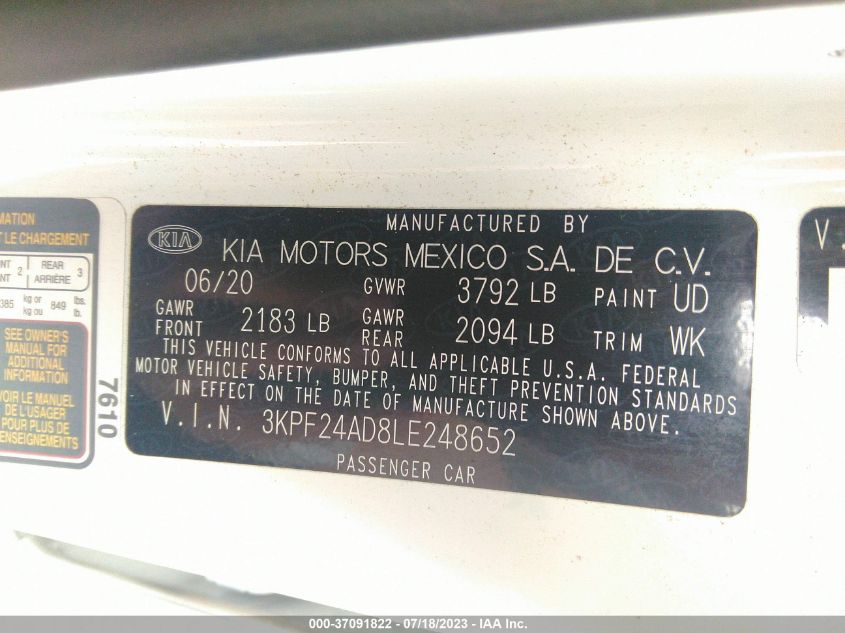 2020 KIA FORTE FE/LXS - 3KPF24AD8LE248652