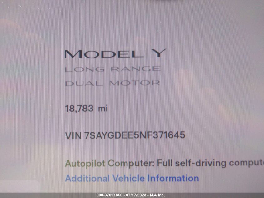 2022 TESLA MODEL Y - 7SAYGDEE5NF371645