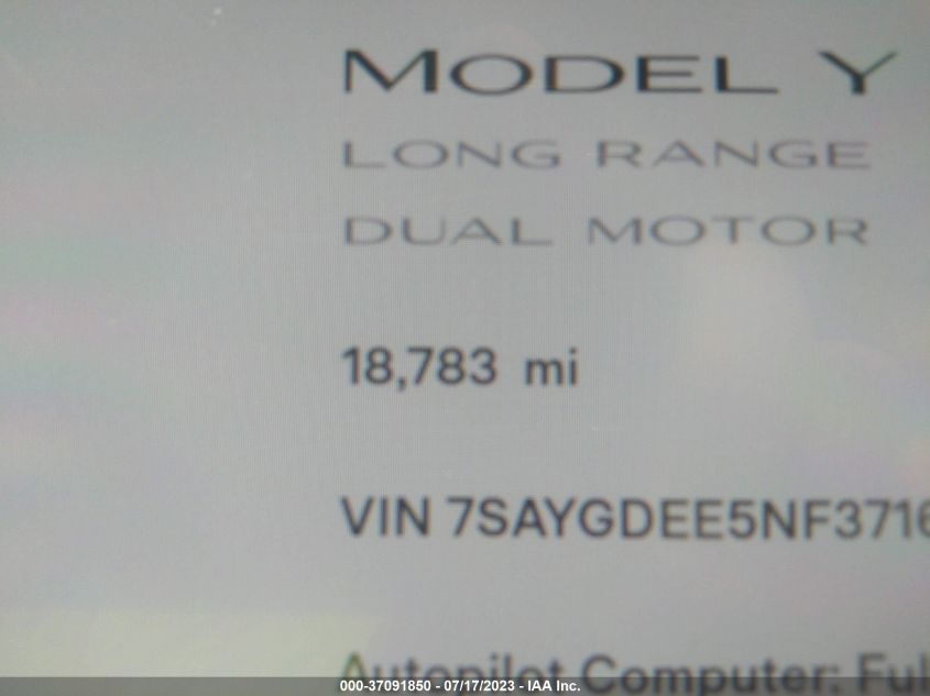 2022 TESLA MODEL Y - 7SAYGDEE5NF371645