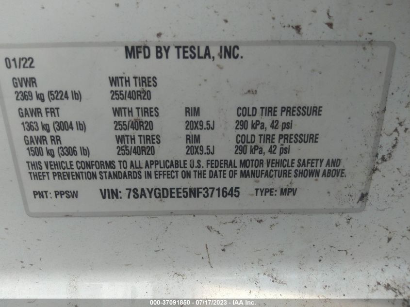 2022 TESLA MODEL Y - 7SAYGDEE5NF371645