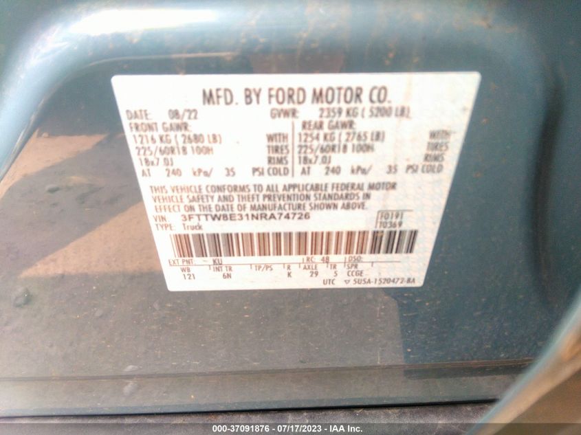2022 FORD MAVERICK XL/XLT/LARIAT - 3FTTW8E31NRA74726
