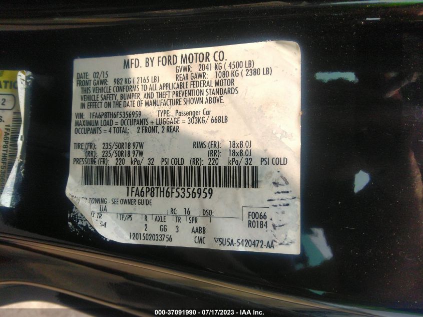 2015 FORD MUSTANG ECOBOOST - 1FA6P8TH6F5356959