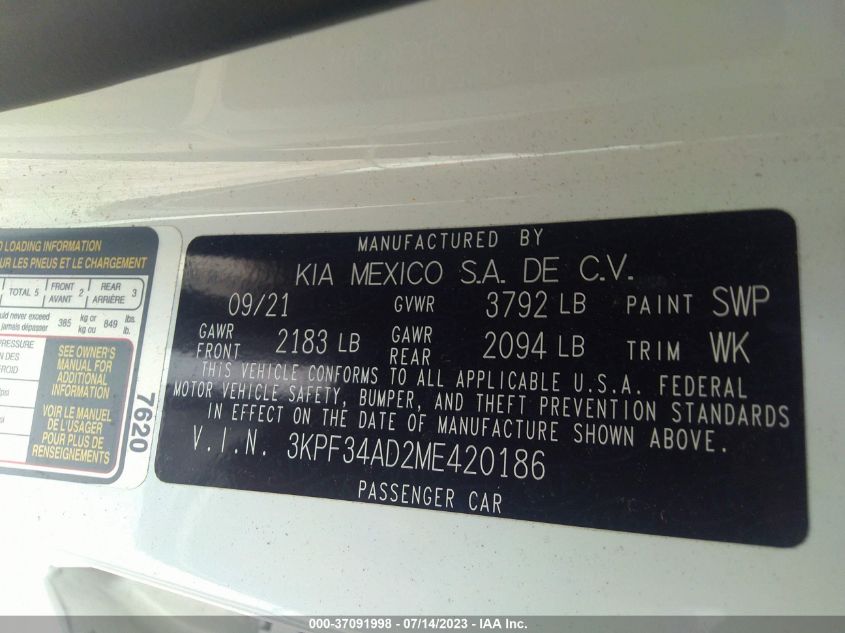 2021 KIA FORTE GT LINE - 3KPF34AD2ME420186