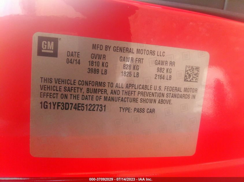 2014 CHEVROLET CORVETTE STINGRAY 3LT 1G1YF3D74E5122731