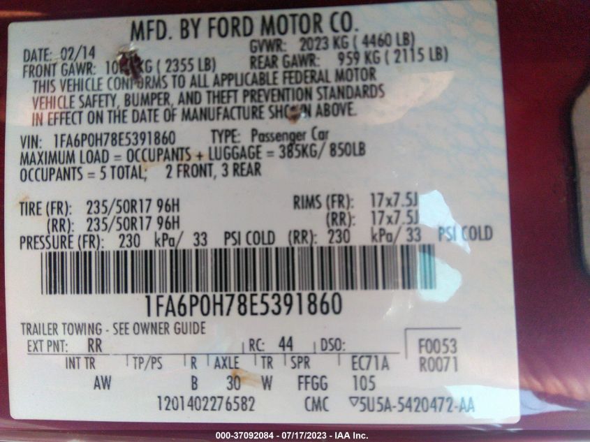 2014 FORD FUSION SE - 1FA6P0H78E5391860