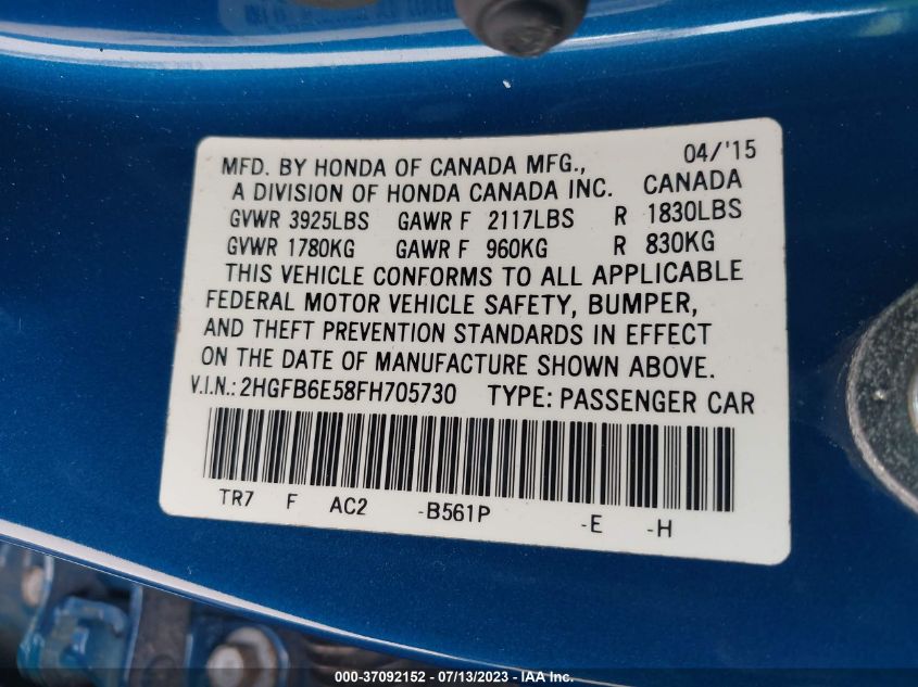 2015 HONDA CIVIC SEDAN SI - 2HGFB6E58FH705730