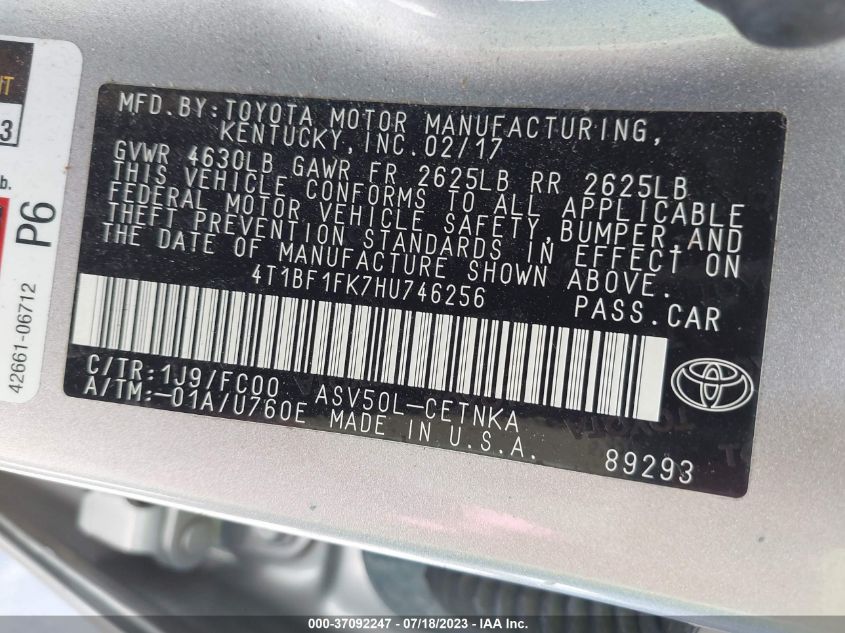 2017 TOYOTA CAMRY XLE/SE/LE/XSE - 4T1BF1FK7HU746256