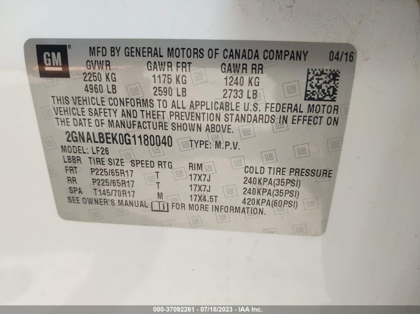 2016 CHEVROLET EQUINOX LS - 2GNALBEK0G1180040