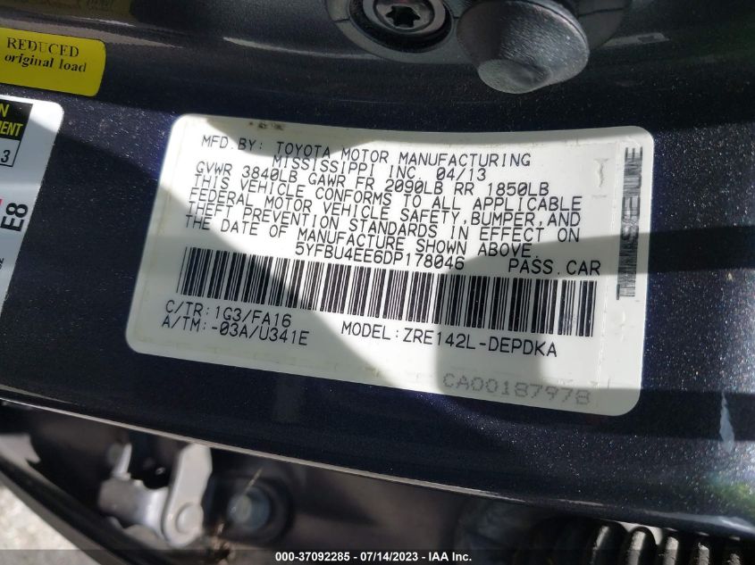 2013 TOYOTA COROLLA L/LE/S - 5YFBU4EE6DP178046