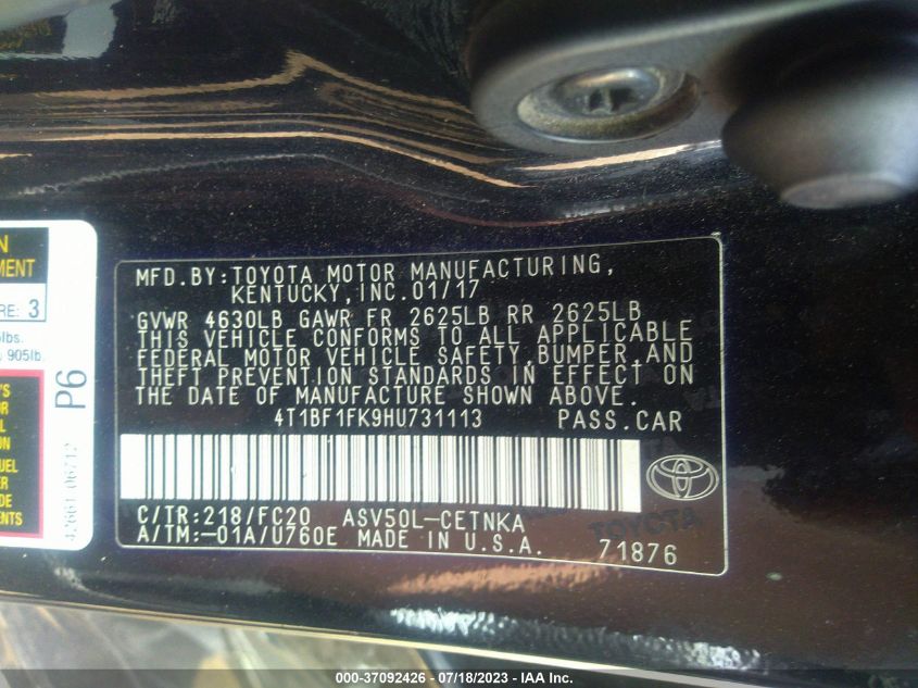 2017 TOYOTA CAMRY XLE/SE/LE/XSE - 4T1BF1FK9HU731113