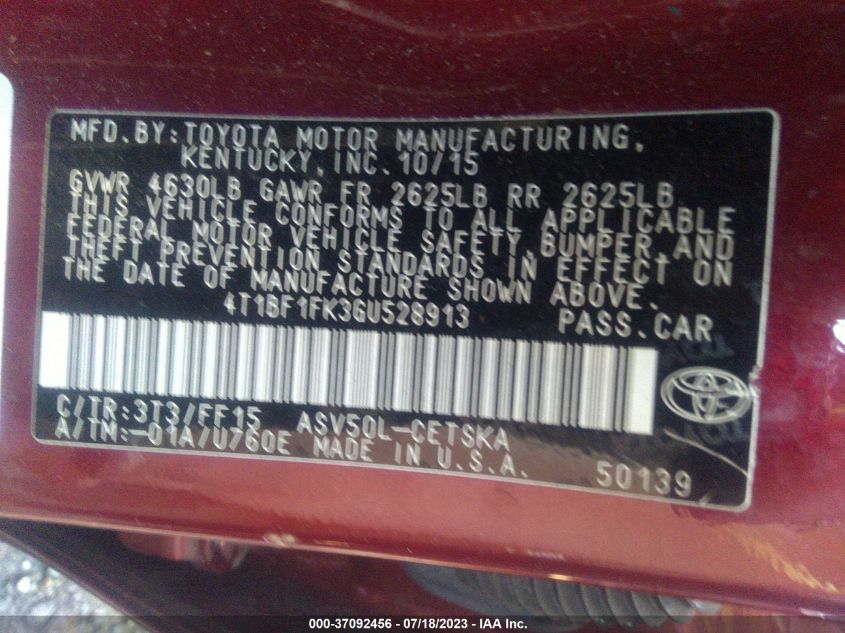 2016 TOYOTA CAMRY XLE/SE/LE/XSE - 4T1BF1FK3GU528913