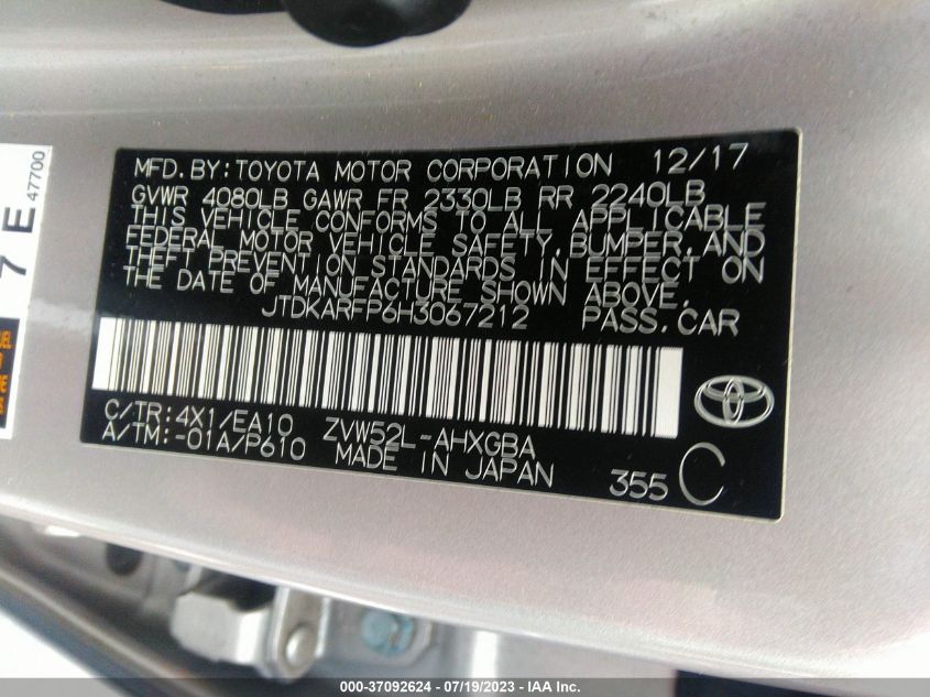 2017 TOYOTA PRIUS PRIME PLUS/PREMIUM/ADVANCED - JTDKARFP6H3067212