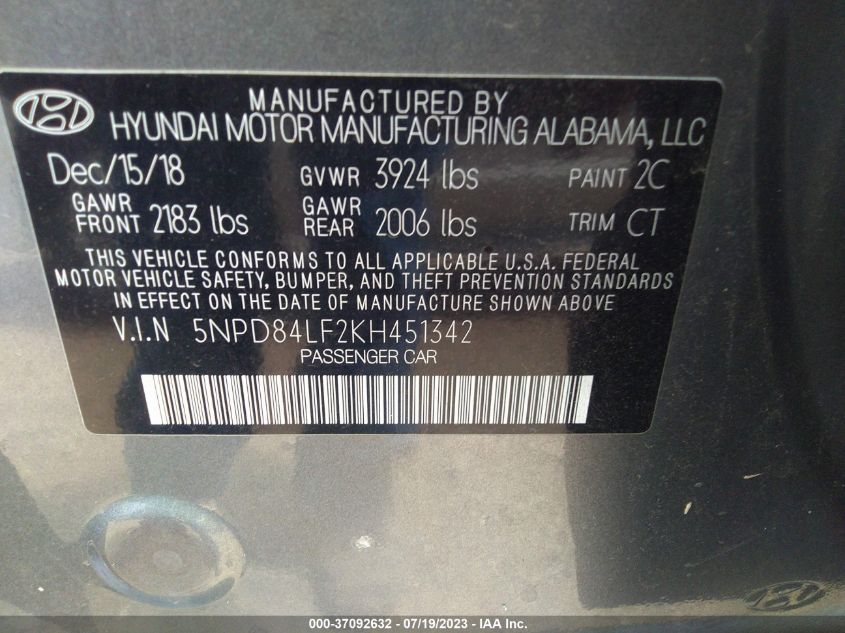 2019 HYUNDAI ELANTRA LIMITED - 5NPD84LF2KH451342