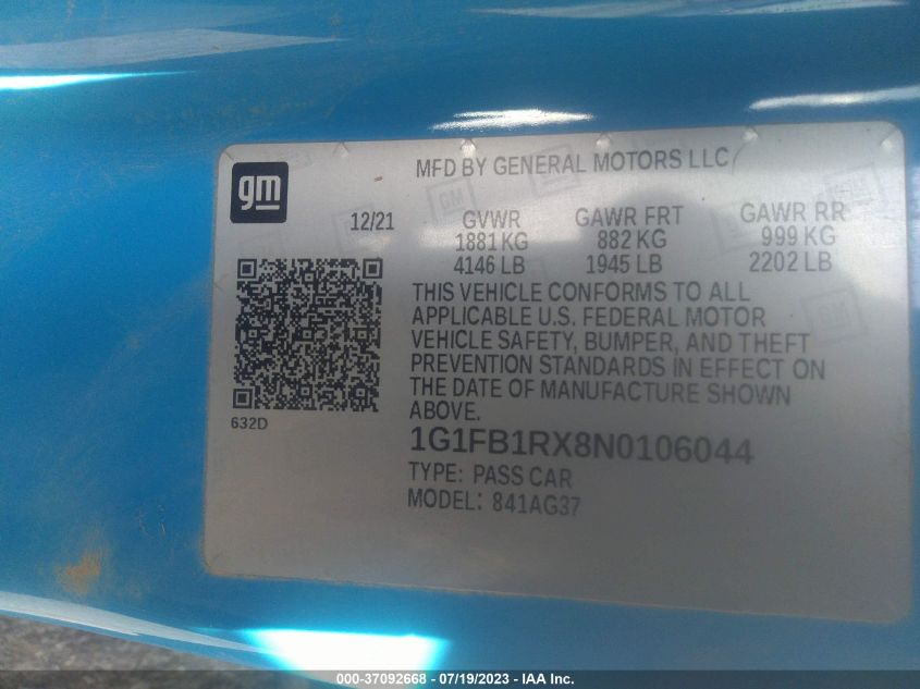 2022 CHEVROLET CAMARO 1LT - 1G1FB1RX8N0106044