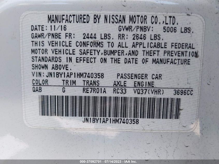 2017 INFINITI Q70 3.7 - JN1BY1AP1HM740358