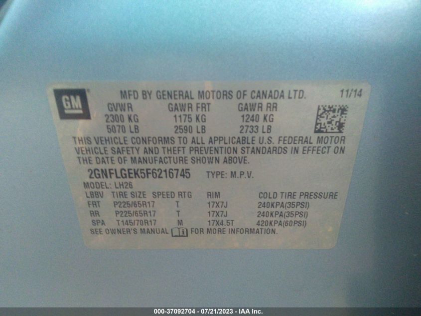 2015 CHEVROLET EQUINOX LT - 2GNFLGEK5F6216745