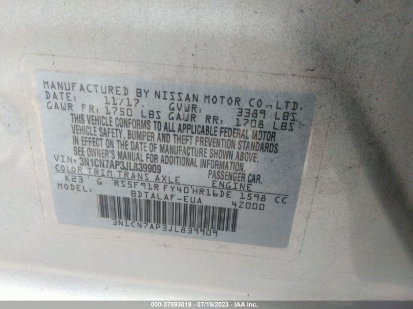 2018 NISSAN VERSA SEDAN S - 3N1CN7AP3JL839909