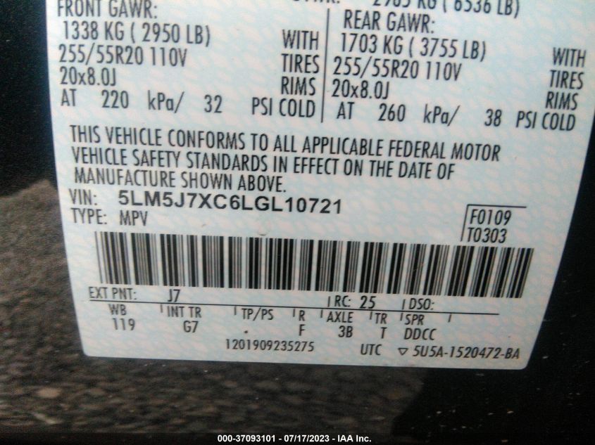 2020 LINCOLN AVIATOR RESERVE - 5LM5J7XC6LGL10721