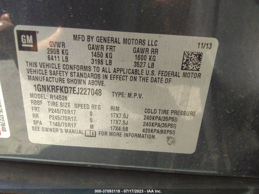 2014 CHEVROLET TRAVERSE - 1GNKRFKD7EJ227048