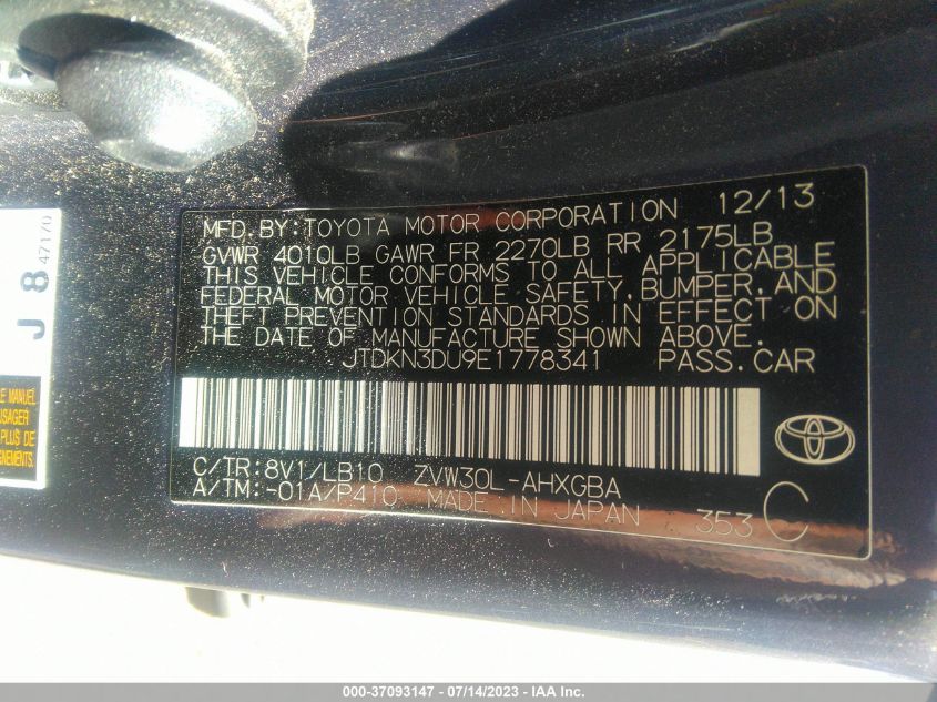 2014 TOYOTA PRIUS FOUR/FIVE/THREE/ONE/TWO - JTDKN3DU9E1778341