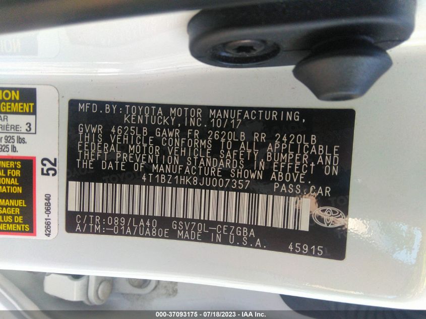 2018 TOYOTA CAMRY V6 - 4T1BZ1HK8JU007357