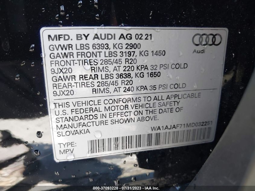 2021 AUDI Q7 PREMIUM - WA1AJAF71MD032251