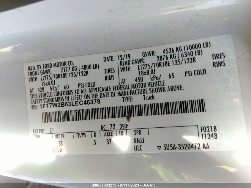 2020 FORD SUPER DUTY F-250 SRW XL/XLT/LARIAT - 1FT7W2B63LEC46378
