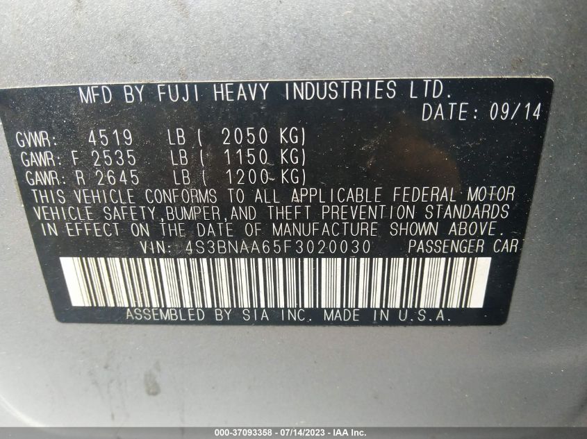 2015 SUBARU LEGACY 2.5I - 4S3BNAA65F3020030