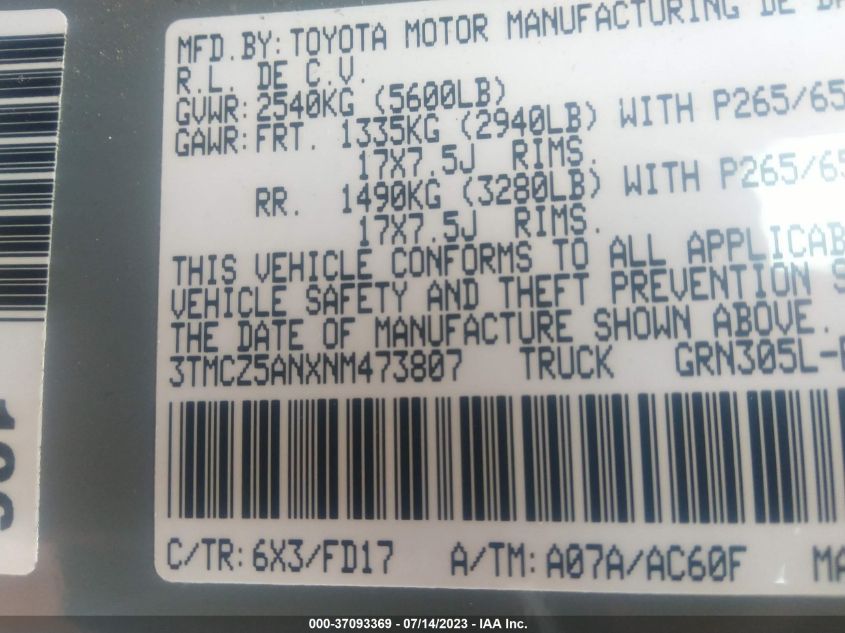 2022 TOYOTA TACOMA 4WD SR/SR5/TRD SPORT - 3TMCZ5ANXNM473807