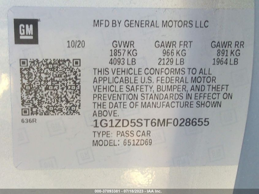 2021 CHEVROLET MALIBU LT - 1G1ZD5ST6MF028655