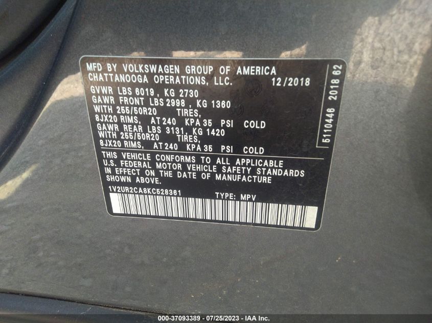 2019 VOLKSWAGEN ATLAS 3.6L V6 SE W/TECHNOLOGY - 1V2UR2CA8KC528361