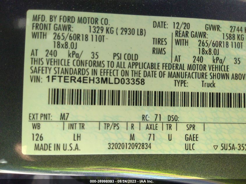 2021 FORD RANGER XL/XLT/LARIAT - 1FTER4EH3MLD03358