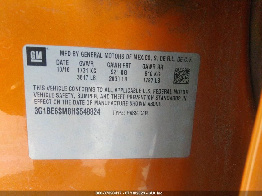 2017 CHEVROLET CRUZE LT - 3G1BE6SM8HS548824