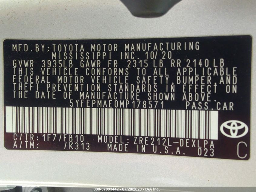 2021 TOYOTA COROLLA LE - 5YFEPMAE0MP178571
