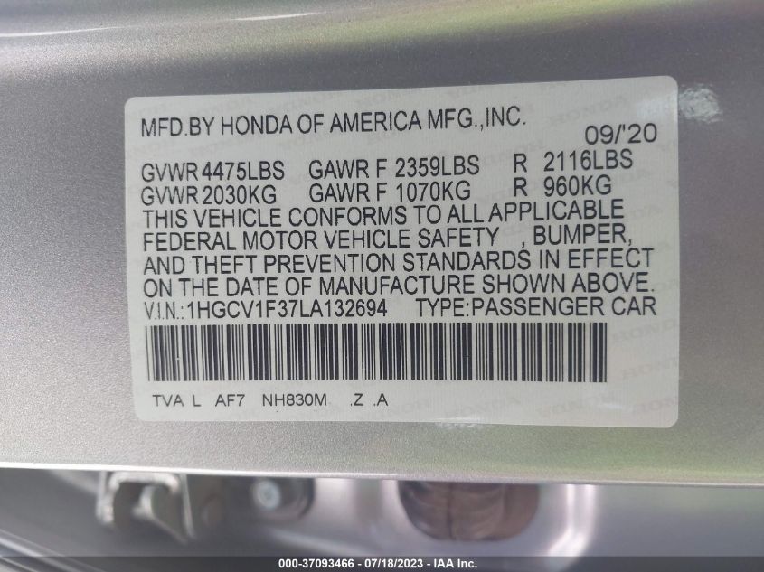 2020 HONDA ACCORD SEDAN SPORT - 1HGCV1F37LA132694