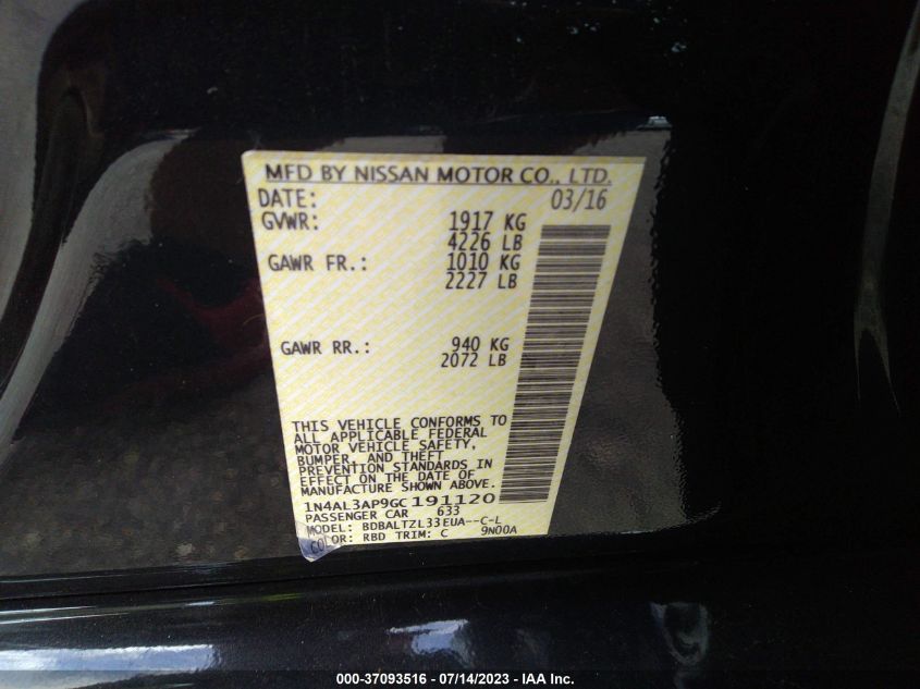 2016 NISSAN ALTIMA 2.5/S/SV/SL/SR - 1N4AL3AP9GC191120