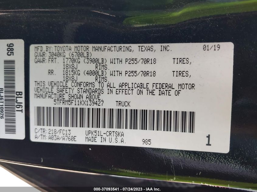 2019 TOYOTA TUNDRA 2WD SR/SR5 - 5TFRM5F11KX139427