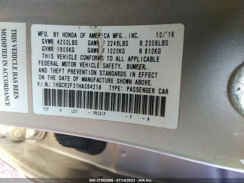 2017 HONDA ACCORD SEDAN LX - 1HGCR2F31HA094218