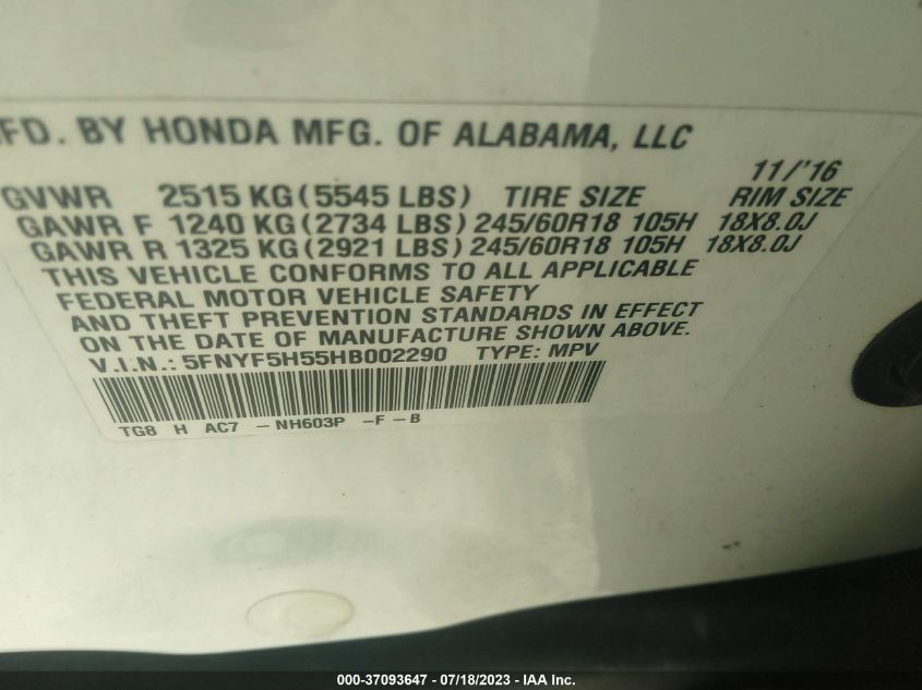 2017 HONDA PILOT - 5FNYF5H55HB002290