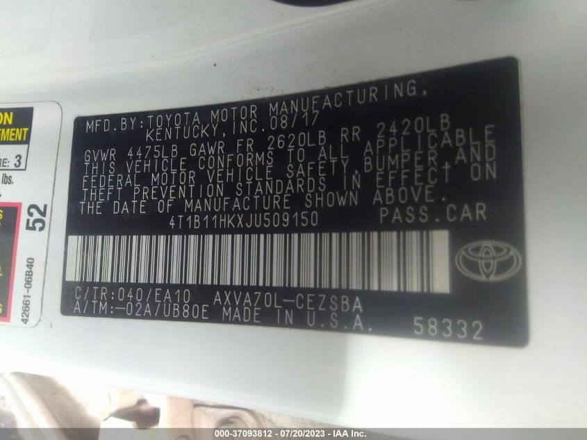 2018 TOYOTA CAMRY LE/SE/XLE/L - 4T1B11HKXJU509150