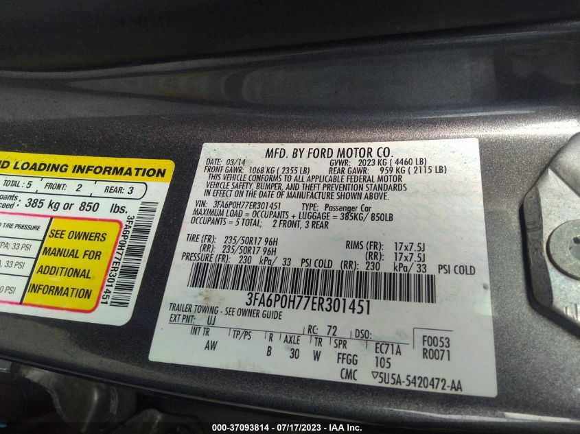 2014 FORD FUSION SE - 3FA6P0H77ER301451